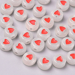 Luminous Acrylic Beads, Glow in the Dark, Flat Round with Heart, Red, 7x3.5mm, Hole: 1.8mm, about 3700pcs/500g(MACR-S273-39)