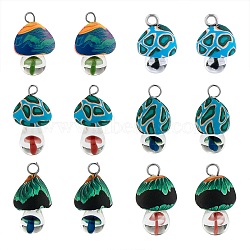 14Pcs 7 Colors Handmade Polymer Clay Pendants, with Handmade Lampwork and Platinum Plated Iron Loop, Mushroom, Mixed Color, 24~29x15~17x15~17mm, Hole: 2~3mm, 2pcs/color(CLAY-SZ0002-09)