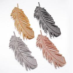 Brass Micro Pave Cubic Zirconia Big Pendants, Feather, Mixed Color, 80x31x5mm, Hole: 3mm(KK-P049-05)
