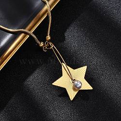 304 Stainless Steel & Plastic Pearl Star Pendant Snake Chain Necklaces for Women, Ion Plating(IP), Real 18K Gold Plated, 16.59 inch(42.15cm)(NJEW-U032-14G)