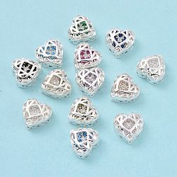 Eco-friendly Brass Cubic Zirconia Multi-Strand Links, Nickel Free, Cadmium Free & Lead Free, Heart, Silver Color Plated, Mixed Color, 10x10.5x5.5mm, Hole: 1.2mm(KK-D076-08B-S)