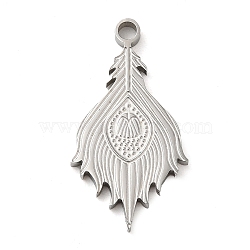 304 Stainless Steel Pendants, Peacock Feather Charm, Stainless Steel Color, 27x14x2mm, Hole: 2mm(STAS-D018-01P)