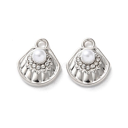 Rack Plating Alloy Pendants, with Rhinestoneand ABS Imitation Pearl, Shell Charms, Platinum, 15x13x6mm, Hole: 2mm(FIND-M038-06P)