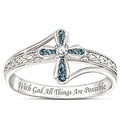 Rhinestone Cross Finger Rings, Word with God All Things are Possible Alloy Rings, Platinum, US Size 7(17.3mm)(WG60763-03)
