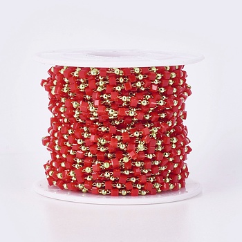 Handmade Glass Beaded Chains, Soldered, with Brass Findings, with Spool, Long-Lasting Plated, Golden, Cube, Red, 2.3~2.8x2.3~2.8x2.3~2.8mm, 2mm, about 32.8 Feet(10m)/roll