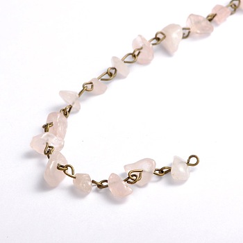 Handmade Natural Rose Quartz Chips Beads Chains for Necklaces Bracelets Making, with Antique Bronze Iron Eye Pin, Unwelded, 39.3 inch, Beads: 5~9mm