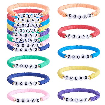8Pcs 8 Colors Polymer Clay Heishi Surfer Stretch Bracelets Set, Acrylic Word Squad Preppy Bracelets for Women, Mixed Color, Inner Diameter: 2-1/8 inch(5.5cm), 1Pc/style