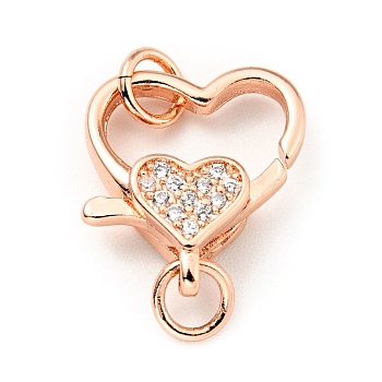 Brass Micro Pave Clear Cubic Zirconia Heart Lobster Claw Clasps, with Double Jump Rings, Cadmium Free & Lead Free, Rose Gold, 21mm, Hole: 3.5mm