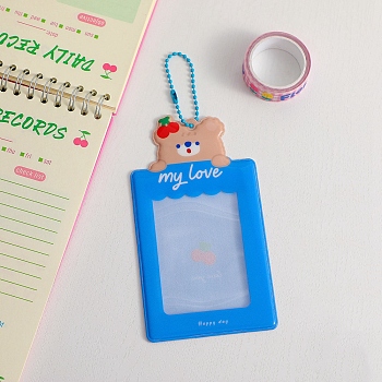 Plastic Photocard Sleeve Keychain, with Rectangle Clear Window and Random Color Ball Chains, Rectangle, Dodger Blue, Bear Pattern, 104x76mm, Inner Diameter: 94x70mm