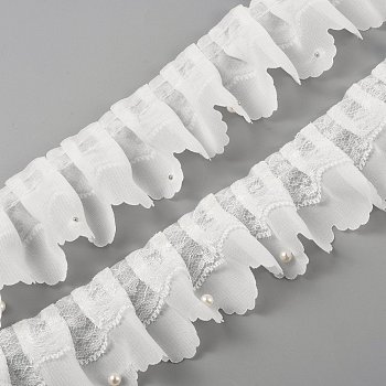 Polyester Organza Ruffled Pleated Lace Fabric Trim, with Platic Beads, White, 2-1/8 inch(55mm), 5 yards/Bundle