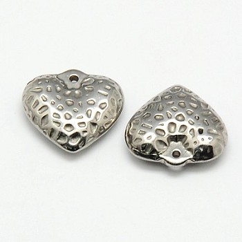 304 Stainless Steel Textured Pendants, Bumpy, Puffed Heart, Stainless Steel Color, 16x15x4.5mm, Hole: 0.5mm