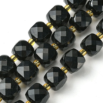 Natural Obsidian Beads Strands, with Seed Beads, Faceted Cube, 8~9x8~9x8~9mm, Hole: 0.9~1mm, about 35~39pcs/strand, 14.80''~15.16''(37.6~38.5cm)
