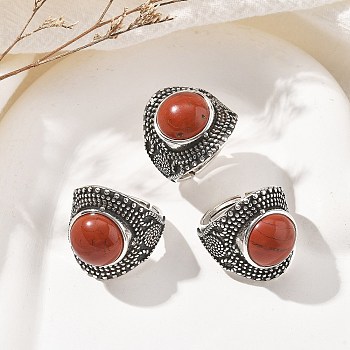 Natural Red Jasper Adjustable Rings, Lead Free & Cadmium Free, Antique Silver Plated Brass Finger Rings for Women, 22.5mm, Inner Diameter: 17mm