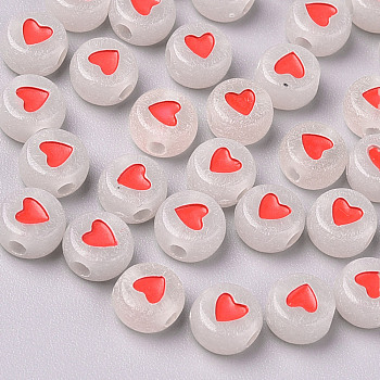 Luminous Acrylic Beads, Glow in the Dark, Flat Round with Heart, Red, 7x3.5mm, Hole: 1.8mm, about 3700pcs/500g