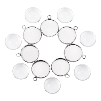 DIY Pendants Making, 304 Stainless Steel Pendant Cabochon Settings and Half Round Clear Glass Cabochons, Stainless Steel Color, Tray: 16mm, 21.5x17.5x2mm, Hole: 2mm, 1pc/set, 16x8mm, 1pc/set