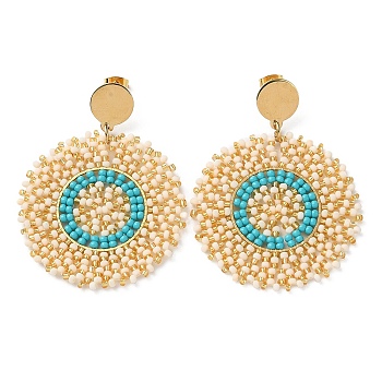 Woven Glass Beaded Flat Round Dangle Stud Earrings, with Vacuum Plating 304 Stainless Steel Pins, Linen, 60x46mm