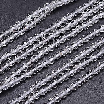 Faceted Round Natural Quartz Crystal Beads Strands, Rock Crystal Beads, 4mm, Hole: 1mm, about 93pcs/strand, 15.5 inch