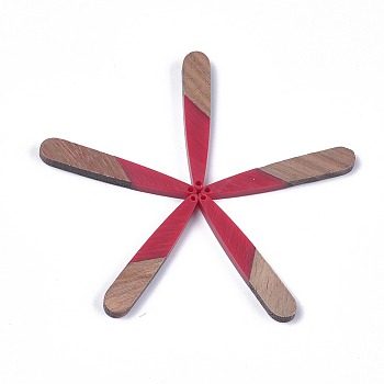 Resin & Walnut Wood Pendants, Teardrop, Red, 44x7.5x3mm, Hole: 1.2mm