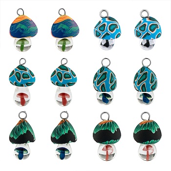 14Pcs 7 Colors Handmade Polymer Clay Pendants, with Handmade Lampwork and Platinum Plated Iron Loop, Mushroom, Mixed Color, 24~29x15~17x15~17mm, Hole: 2~3mm, 2pcs/color