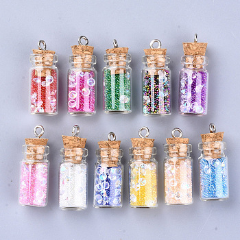 Glass Wishing Bottle Pendant Decorations, with Resin Rhinestone and Glass Micro Beads inside, Cork Stopper and Platinum Iron Screw Eye Pin Peg Bails, Mixed Color, 28~29x11mm, Hole: 2mm