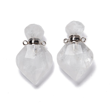 Natural Quartz Crystal Perfume Bottle Pendants, Rock Crystal, with Platinum Brass Findings, Faceted, Rhombus, 27mm, Hole: 1.4mm