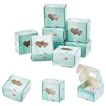ARRICRAFT Foldable Creative Kraft Paper Gift Boxes, Jewelry Boxes, with Heart Clear Windows, Square with Feather Pattern, Aquamarine, 4.3x4.3x2.7cm, 30pcs/set