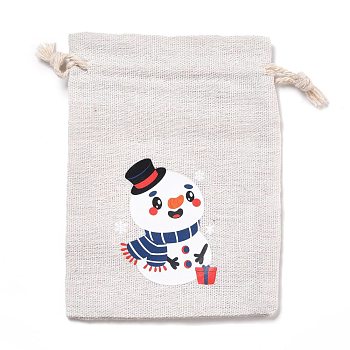 Christmas Cotton Cloth Storage Pouches, Rectangle Drawstring Bags, for Candy Gift Bags, Snowman Pattern, 13.8x10x0.1cm