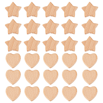 30Pcs 2 Styles Wood Beads, Undyed, Star & Heart Shape, Beige, 25.5x25x8mm and 28.5x29.5x8mm, Hole: 3mm, 15pcs/style
