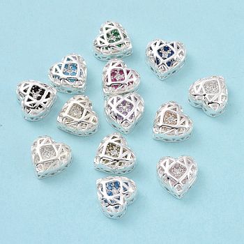 Eco-friendly Brass Cubic Zirconia Multi-Strand Links, Nickel Free, Cadmium Free & Lead Free, Heart, Silver Color Plated, Mixed Color, 10x10.5x5.5mm, Hole: 1.2mm