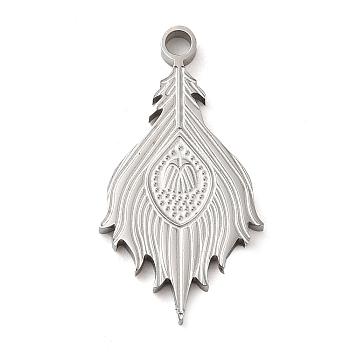 304 Stainless Steel Pendants, Peacock Feather Charm, Stainless Steel Color, 27x14x2mm, Hole: 2mm