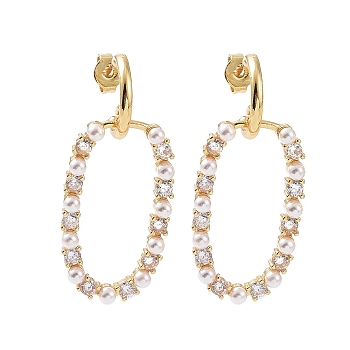 Clear Cubic Zirconia Oval Dangle Stud Earrings with Plastic Pearl Beaded, Brass Jewelry for Women, Real 18K Gold Plated, 36.5mm, Pin: 0.7mm