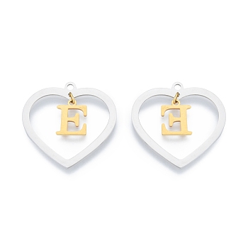 201 Stainless Steel Pendants, Hollow, Heart with Letter A~Z, Real Gold Plated & Stainless Steel Color, Letter.E, 29x29.5x1mm, Hole: 2mm, A~Z: 12x8~10.5x1mm