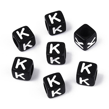 Initial Acrylic Horizontal Hole Beads, Cube, Black, Letter K, 6x6x6mm, Hole: 3.5mm, 3330pcs/500g