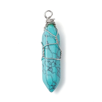 Synthetic Turquoise Copper Wire Wrapped Faceted Pendants, Double Terminated Pointed Bullet Charms, Silver, 39x10.5x10mm, Hole: 3mm