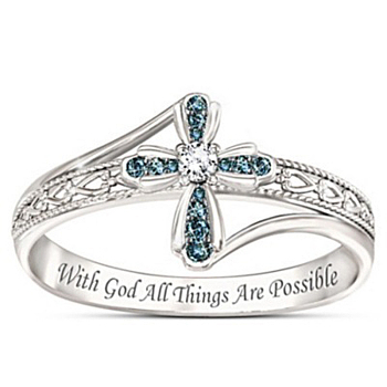 Rhinestone Cross Finger Rings, Word with God All Things are Possible Alloy Rings, Platinum, US Size 7(17.3mm)
