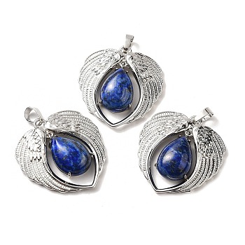 Natural Lapis Lazuli Teardrop Pendants, Wing Charms, with Rack Plating Platinum Plated Brass Findings, Lead Free & Cadmium Free, 36x34x8~8.5mm, Hole: 8x5mm