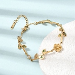 304 Stainless Steel Crystal and Peridot Rhinestone Flower Leaf Link Chain Bracelets, Ion Plating(IP), Golden, 6.30 inch(16cm)(SA-CBA7A0F-09G)