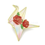 Paper Crane & Rose Flower Alloy Enamel Pin Backs for Clothes for Women, Golden, Red, 27.5x34.5mm(JEWB-F043-02A)