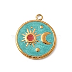 304 Stainless Steel Enamel Pendants, Flat Round & Moon & Sun, Golden, Ion Plating(IP), Turquoise, 23.5x20x2mm, Hole: 1.8mm(STAS-B113-12G-01)