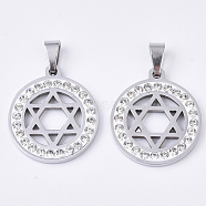 201 Stainless Steel Pendants, with Random Size Snap On Bails and Polymer Clay Crystal Rhinestones, for Jewish, Flat Round with Star of David, Stainless Steel Color, 23x20x2.5mm, Hole: 8~10x3~5mm(STAS-N089-29P)