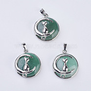 Natural Green Aventurine Kitten Pendants, with Brass Findings, Flat Round with Cat & Crescent Moon Shape, Platinum, 32x27.5x10mm, Hole: 5x7mm(G-K234-D11)