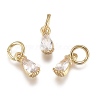 Brass Micro Pave Cubic Zirconia Charms, with Jump Ring, Long-Lasting Plated, Real 18K Gold Plated, Faceted, Teardrop, Clear, 8x3x3mm, Hole: 3mm(X-ZIRC-F111-04G-09)