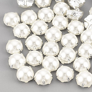 ABS Plastic Imitation Pearl Shank Buttons, with Brass Findings, Half Round, Creamy White, Silver Color Plated, 5x5x3mm, Hole: 0.8mm(BUTT-T002-5mm-01S)