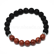 Natural Red Jasper Beads Stretch Bracelets, with Synthetic Lava Rock Beads and Alloy Beads, Round, Inner Diameter: 2-1/8 inch(5.5cm), Beads: 8.5mm(BJEW-R309-02-A07)