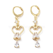 Rack Plating Golden Brass Dangle Leverback Earrings, with Cubic Zirconia, Heart, 45x13mm(EJEW-A030-01G-G)