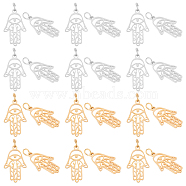 201 Stainless Steel Pendants, Hamsa Hand/Hand of Miriam with Eye, Golden & Stainless Steel Color, 21.5x13x1mm, Hole: 3mm, 2 colors, 6pcs/color, 12pcs/box(STAS-UN0019-48)