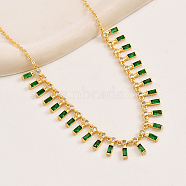Golden Brass Rectangle Charms Bib Necklace for Women, Green, 15.75 inch(40cm)(VR0432-3)