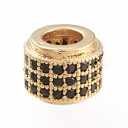 Golden Plated Brass Micro Pave Cubic Zirconia European Beads, Large Hole Beads, Long-Lasting Plated, Column, Black, 8.5x7.5mm, Hole: 4.5mm(OPDL-L019-A02)