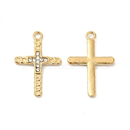 Vacuum Plating 201 Stainless Steel with Rhinestone Pendants, Religion Cross Charms, Real 18K Gold Plated, Crystal, 27.5x18.5x2.5mm, Hole: 2mm(STAS-J401-VC1000)