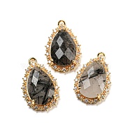 Natural Black Rutilated Quartz Faceted Pendants, Rack Plating Brass Pave Clear Cubic Zirconia Teardrop Charms, Golden, 23.5~24x15~15.5x6mm, Hole: 1.2mm(G-M431-13G-07)